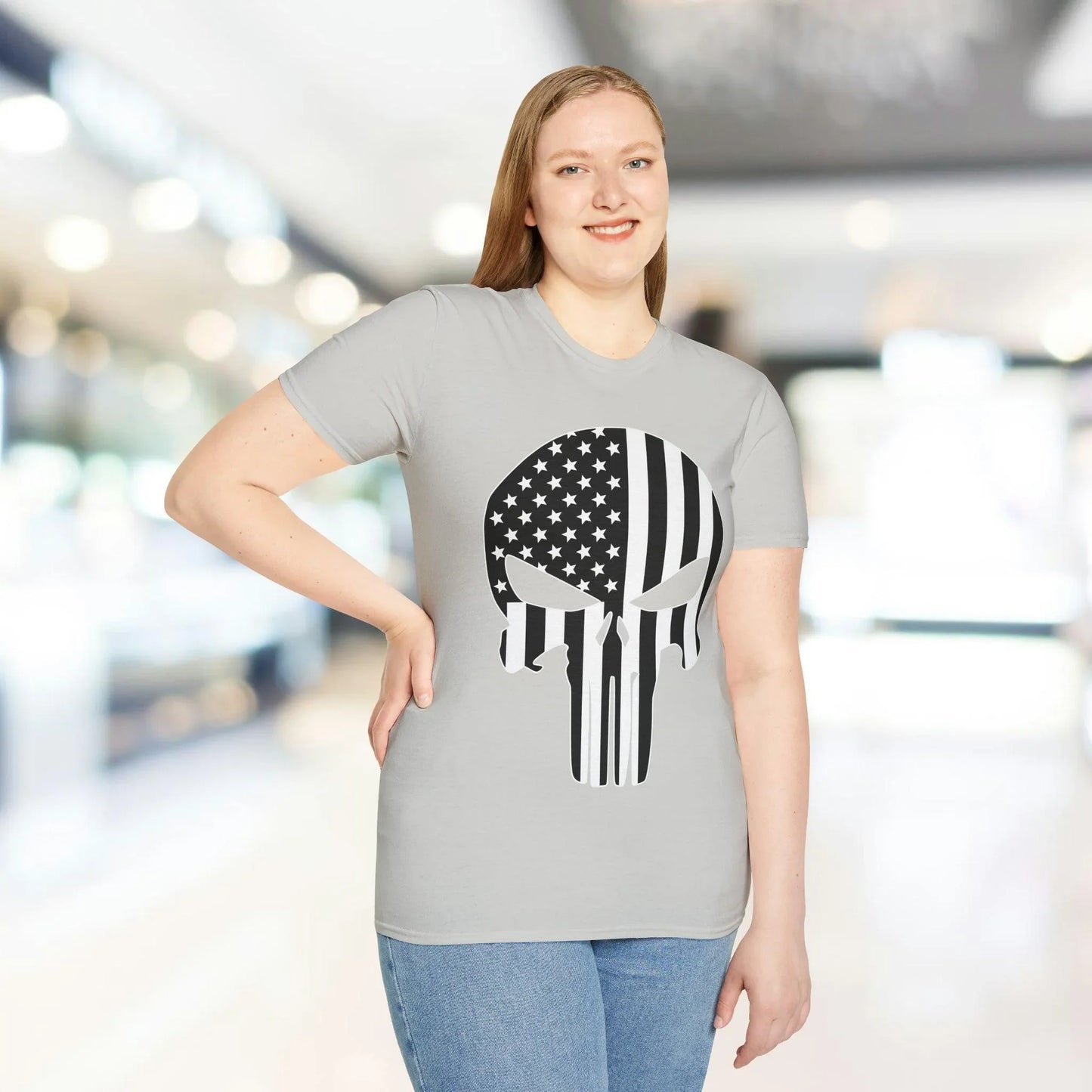 Close-up of the American Skull Flag B&W T-Shirt's front neckline with visible stitching and soft fabric texture in black and