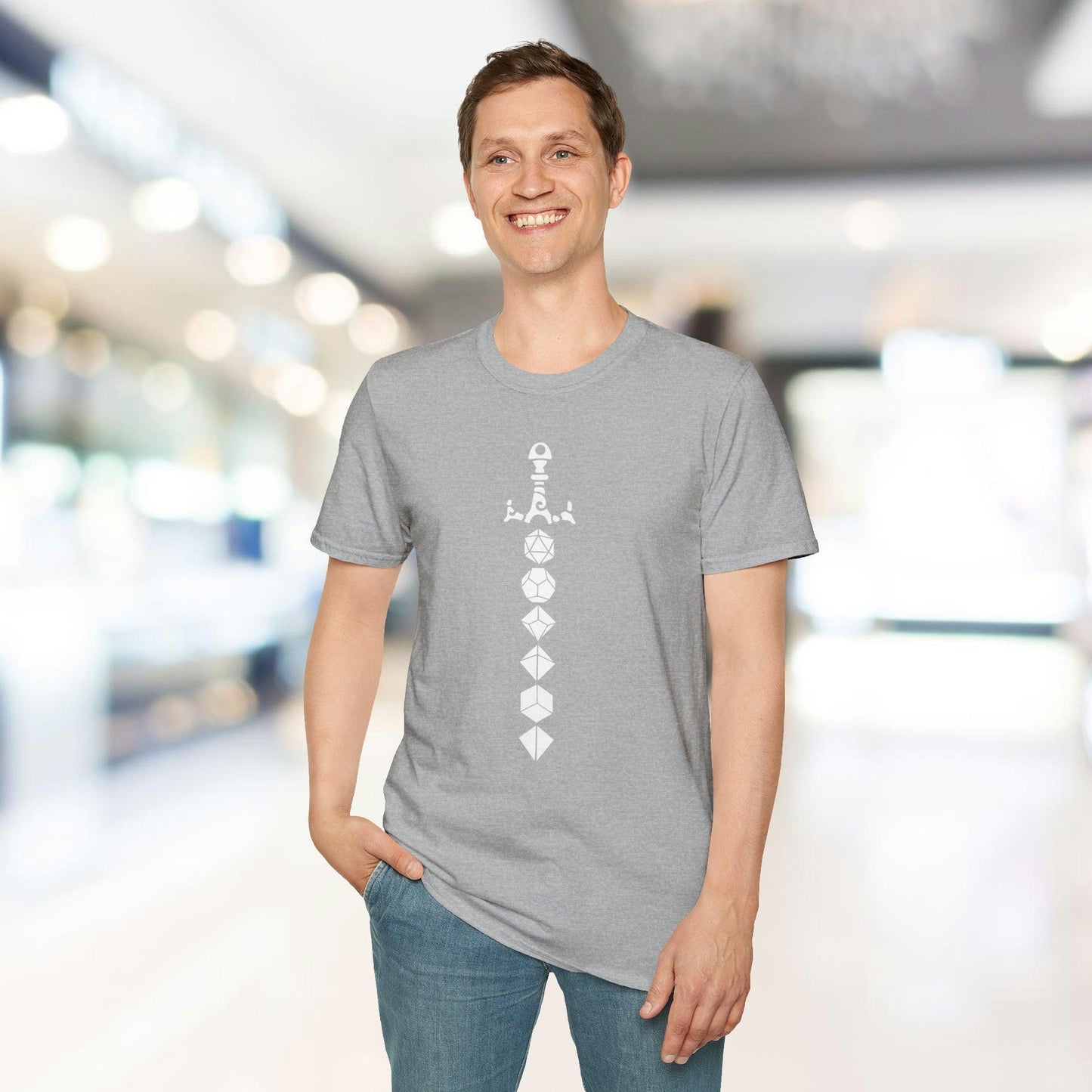 Close-up of the Dice Sword White unisex softstyle T-shirt’s neckline displaying smooth fabric and reinforced stitching in