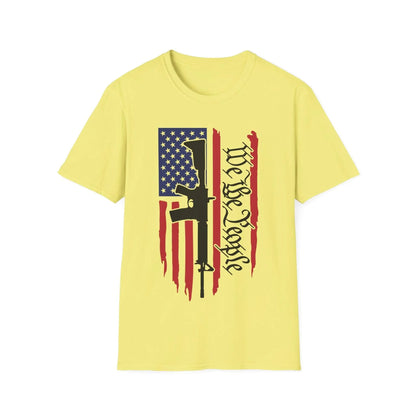 Close-up of distressed American flag pattern detail on soft 100% cotton unisex T-shirt fabric, highlighting vintage-inspired