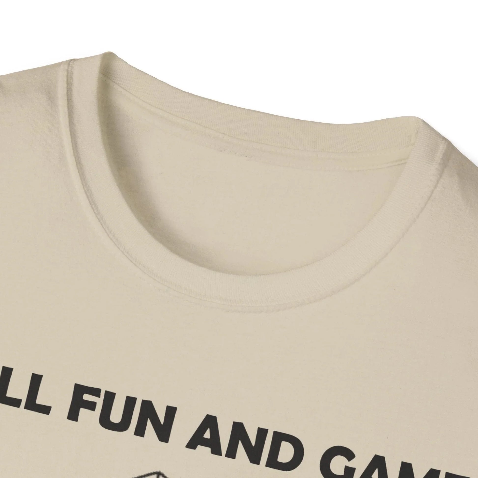 Close-up of the black crew neckline and soft fabric texture, highlighting the relaxed fit and subtle stitching details of