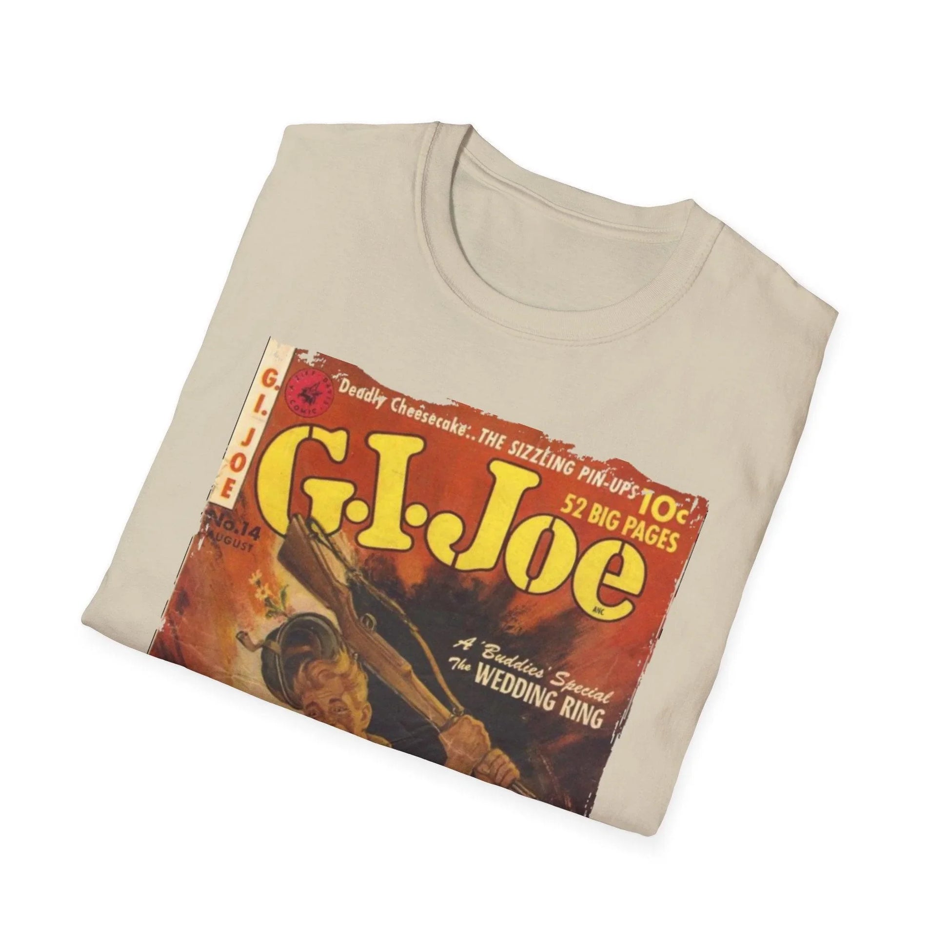 Close-up of the G.I. Joe No.14 softstyle T-shirt's ribbed crew neckline and subtle stitching detail in vibrant red color.