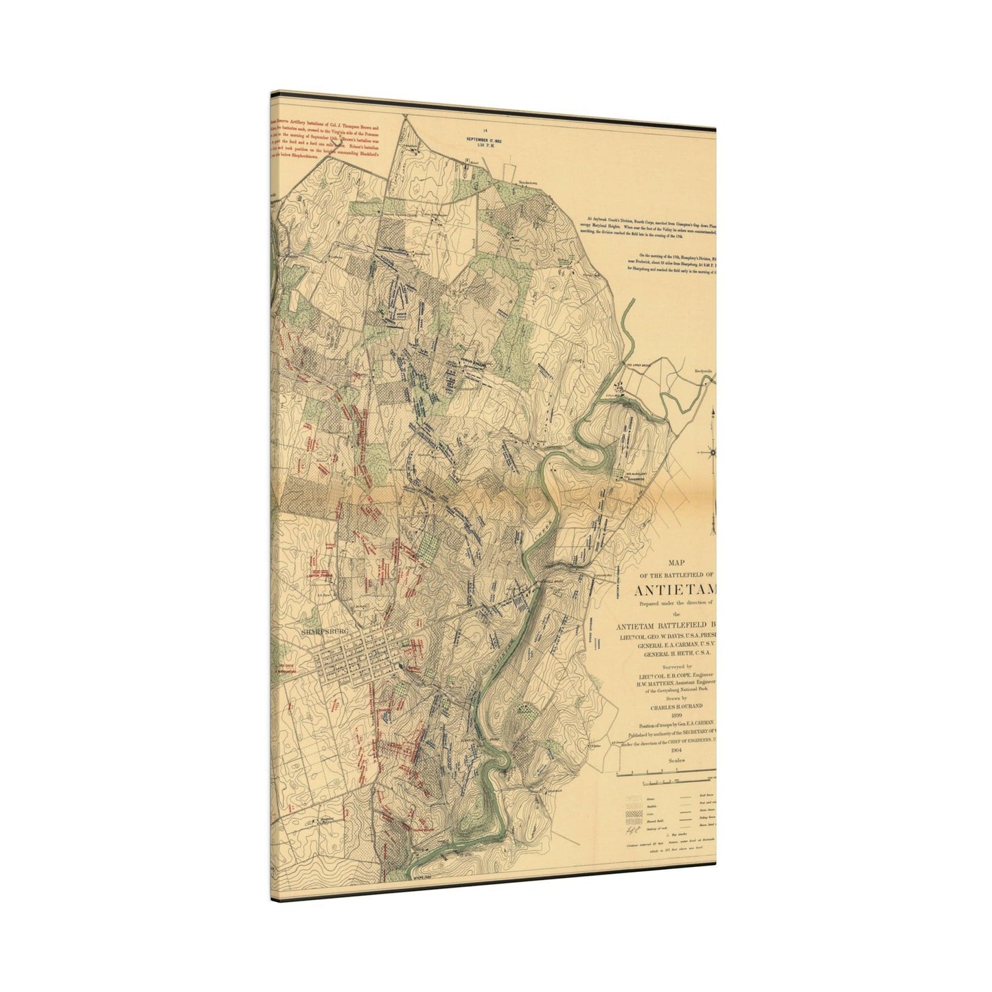 Close-up of textured canvas surface highlighting subtle brushstroke details and vintage color tones of the Antietam