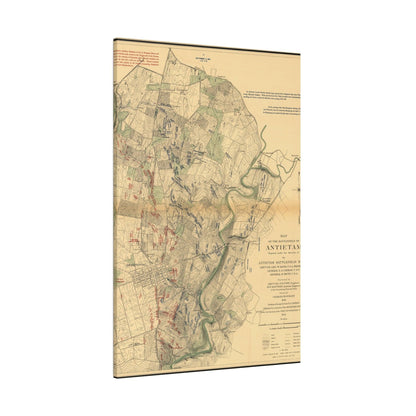 Close-up of textured canvas surface highlighting subtle brushstroke details and vintage color tones of the Antietam