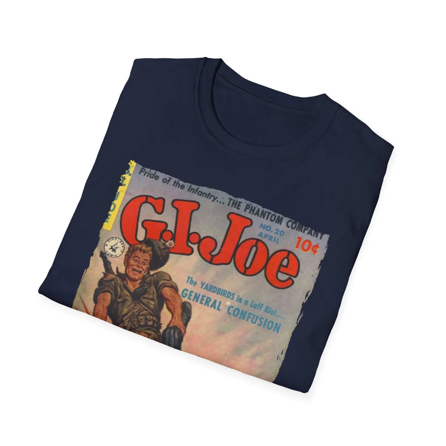 Close-up of the G.I. Joe No.20 softstyle T-shirt collar showing comfortable crew neckline and smooth fabric texture in deep