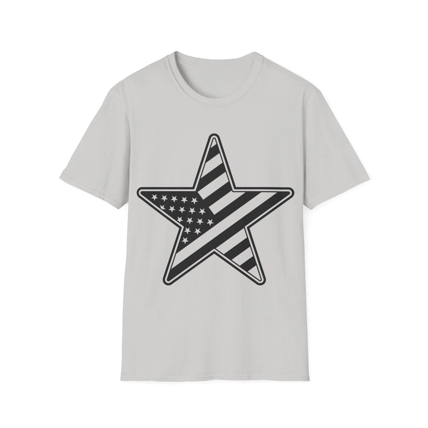 Close-up of the American Flag Star B&W print on the chest area showing crisp black and white stars & stripes on soft cotton