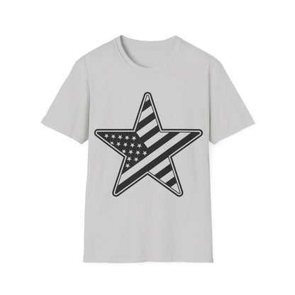 Close-up of the American Flag Star B&W print on the chest area showing crisp black and white stars & stripes on soft cotton