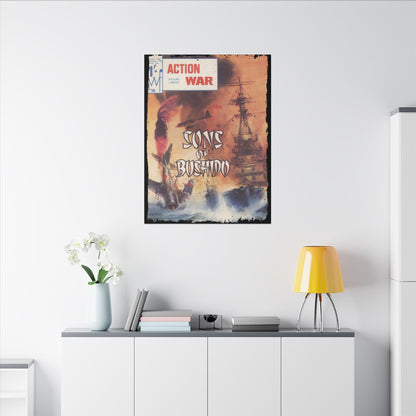 Close-up of the textured canvas surface revealing detailed weave and vibrant color contrast on Action War #16 comic print.