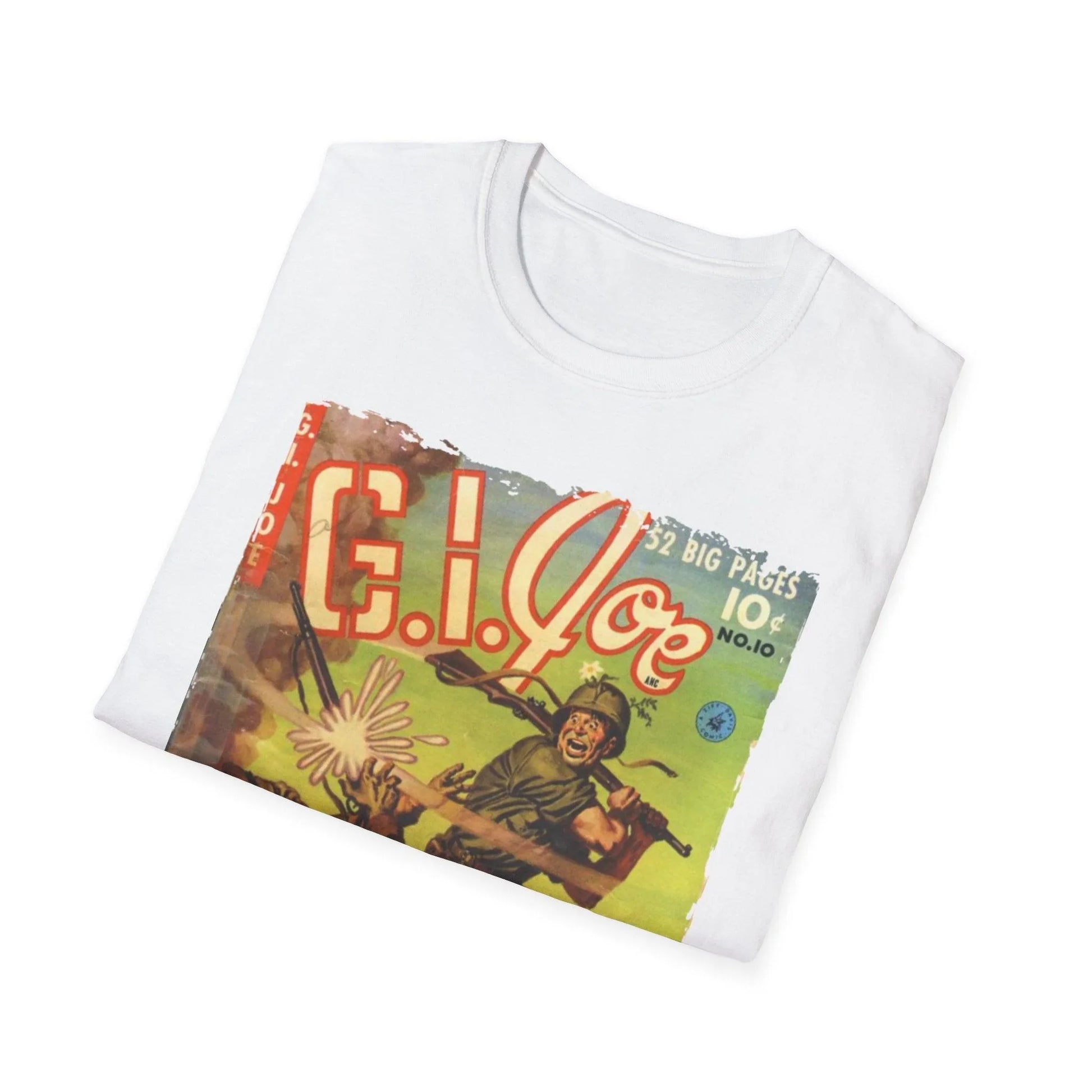 Close-up of the G.I. Joe No.10 T-Shirt's navy crew neckline and soft cotton fabric texture from a diagonal angle