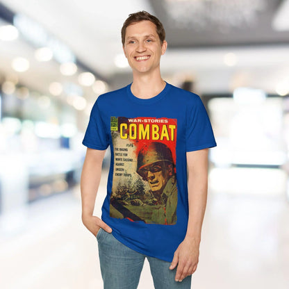 Rear detail showing the comfortable relaxed fit, vintage navy color, and classic crew neckline of the Combat Sept 1963