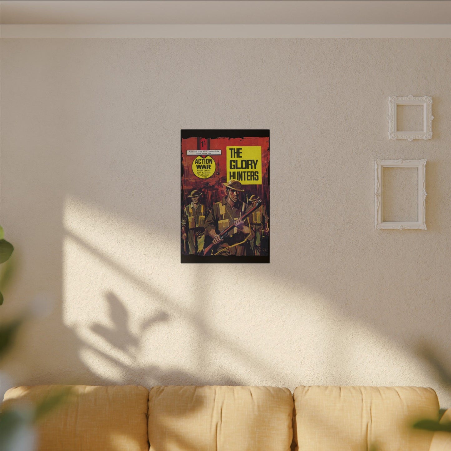 Close-up of the canvas material highlighting textured surface and vibrant printed artwork details on the Action War #10