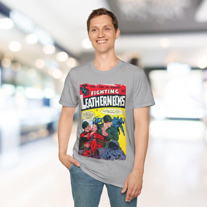 Close-up of the soft heather gray fabric showing subtle texture and slim fit stitching details on the unisex T-shirt.