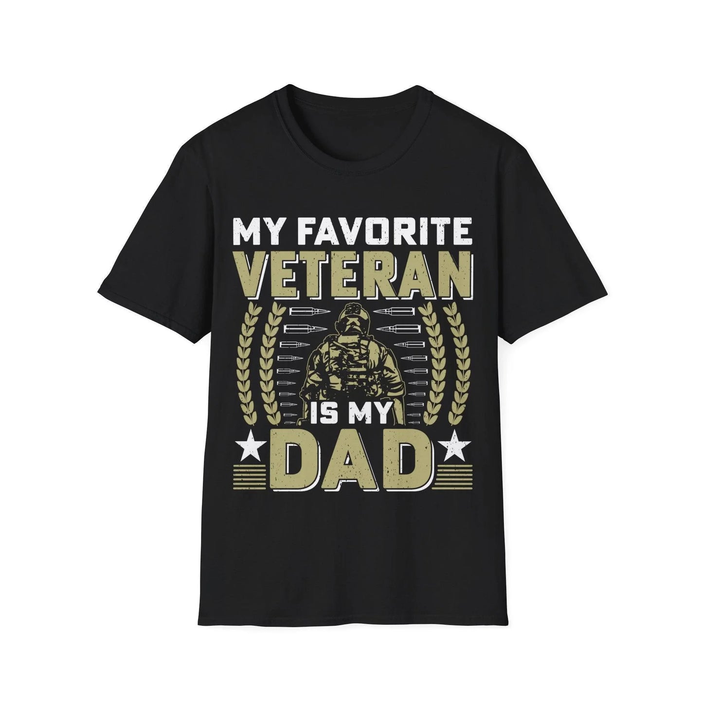 Printify unisex cotton crew neck T-shirt in navy with "Favorite Veteran Dad" text, regular fit, soft feel, and short sleeves