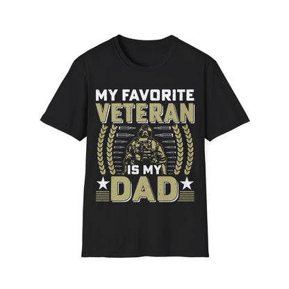 Printify unisex cotton crew neck T-shirt in navy with "Favorite Veteran Dad" text, regular fit, soft feel, and short sleeves