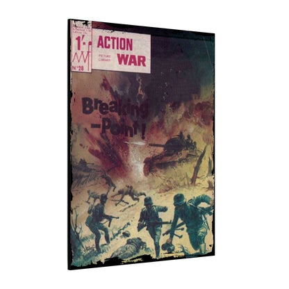 Close-up of "Action War #28" comic book cover featuring vibrant artwork and intricate line details on matte canvas material