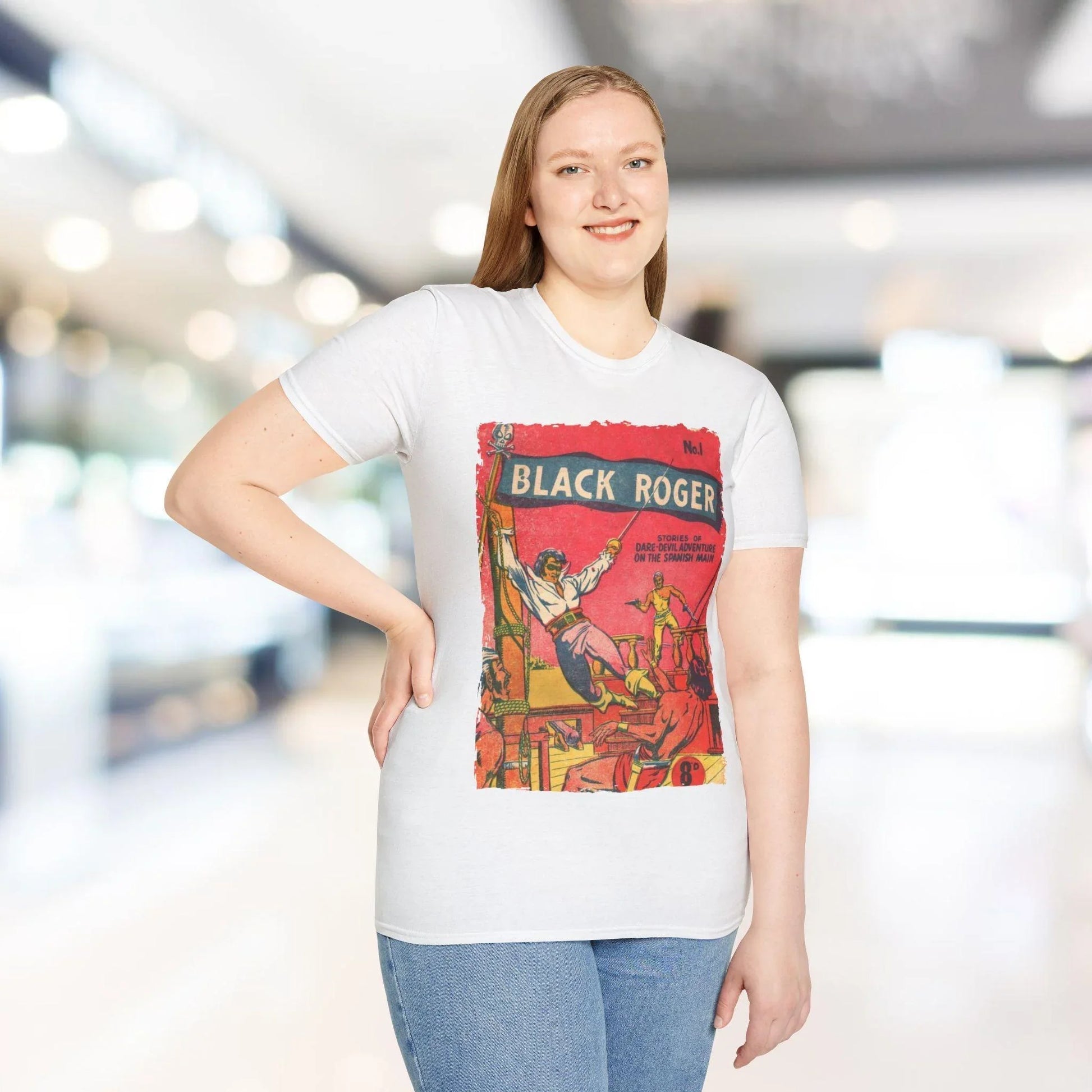 Close-up of the black unisex softstyle t-shirt fabric showing subtle heather texture and reinforced stitching at the crew