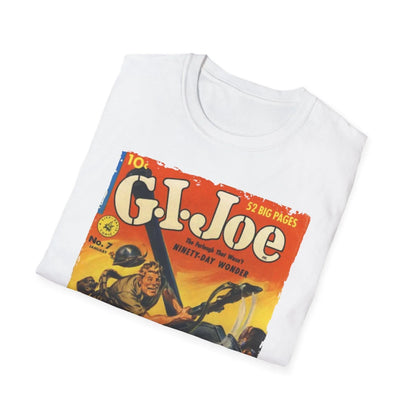 Close-up of the G.I. Joe No.7 softstyle T-shirt’s fabric showing the relaxed fit and heathered navy color material with