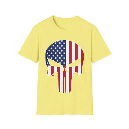 Close-up of the American Skull Flag graphic on the relaxed fit white cotton T-shirt’s chest area, highlighting vibrant