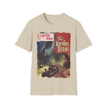 Close-up of the unisex softstyle T-shirt's neckline and shoulder seam in vibrant black, highlighting smooth fabric and