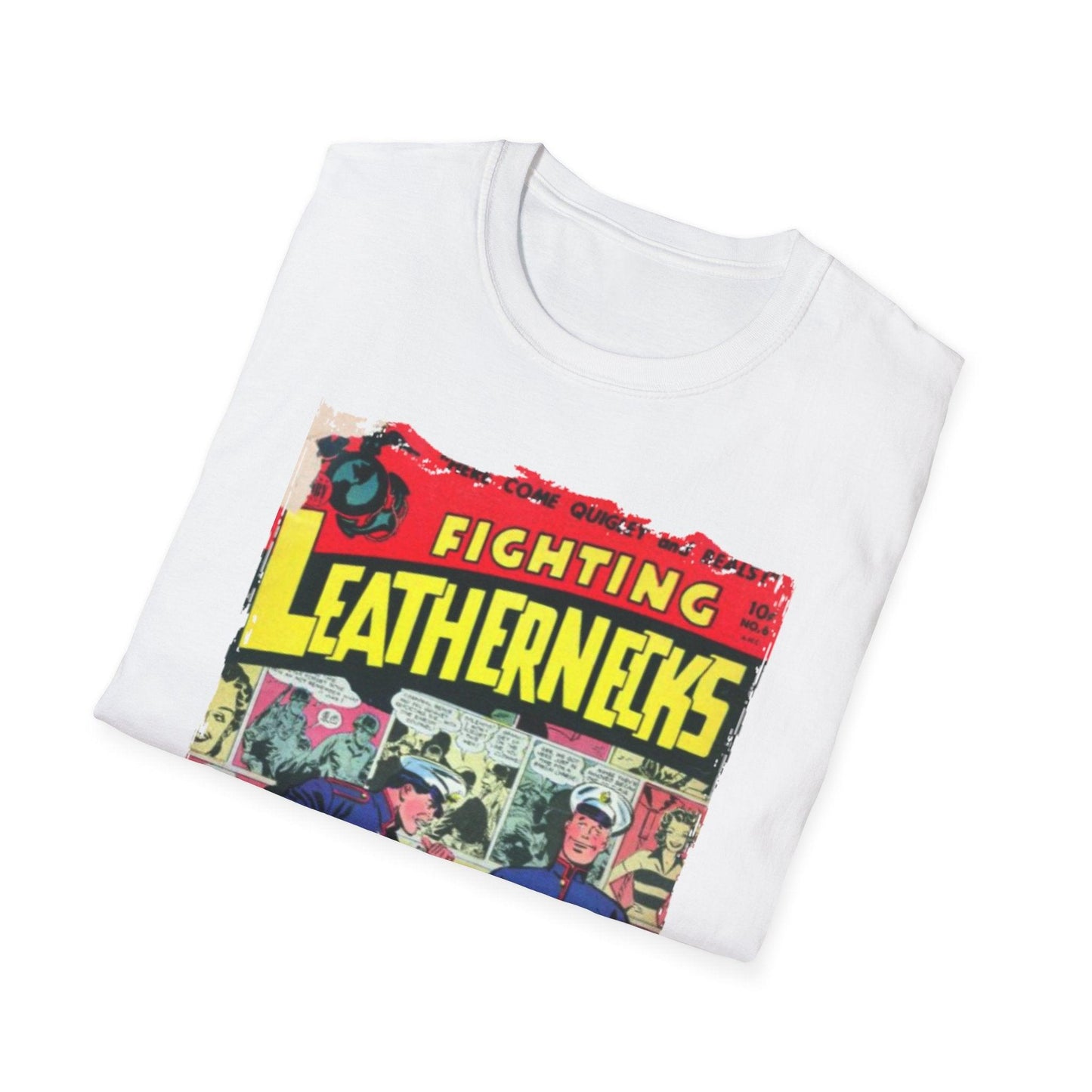 Close-up of the unisex fit tag on the collar showing the Fighting Leathernecks #6 graphic detail on soft black cotton