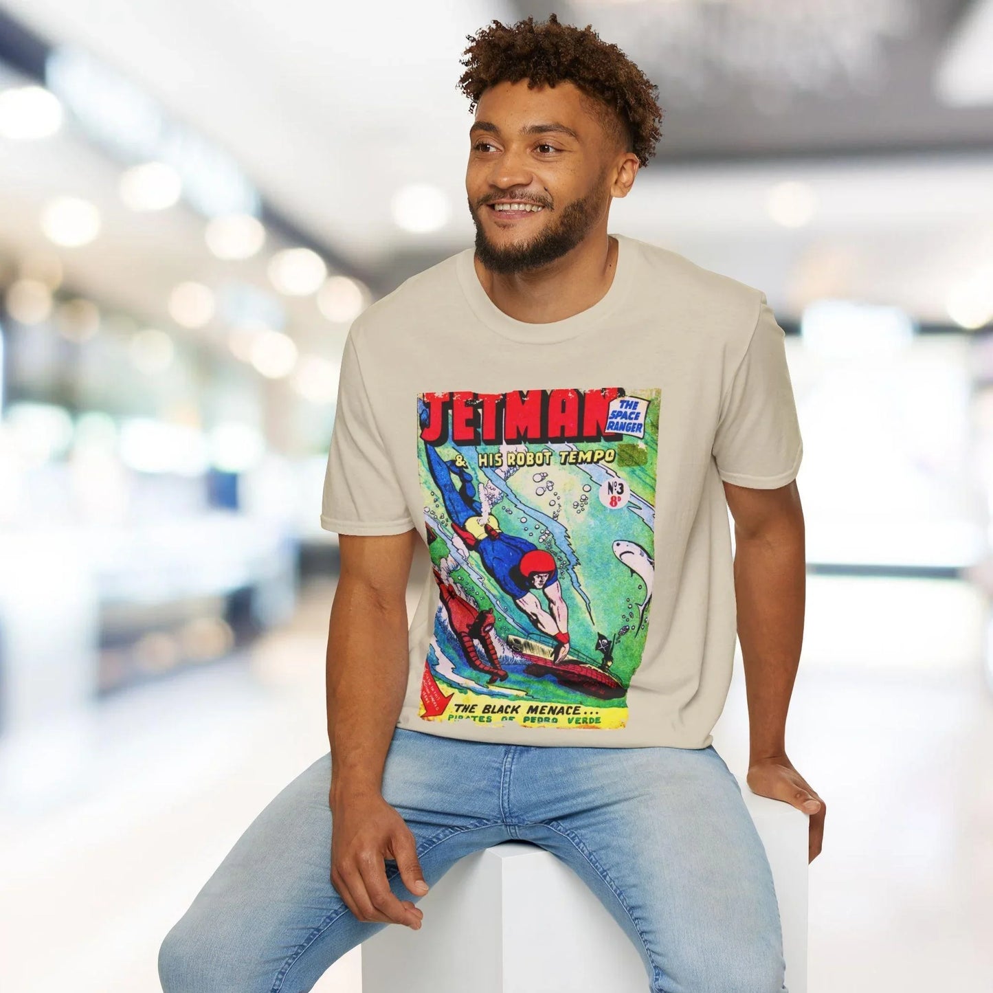 Close-up of the Jetman No.3 unisex softstyle T-shirt's vibrant navy fabric and relaxed fit neckline from the back angle