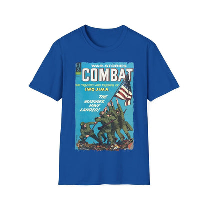 Close-up of the Combat Dec 1966 unisex softstyle T-shirt fabric texture and subtle heathered navy color from a front-side
