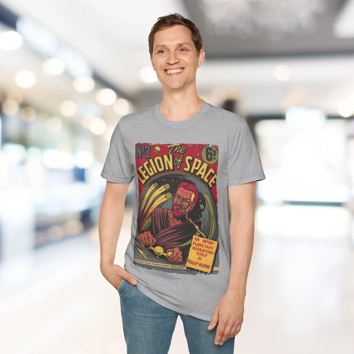 Close-up of the unisex softstyle T-shirt’s smooth, relaxed fit fabric in navy blue, highlighting the fine cotton-poly blend