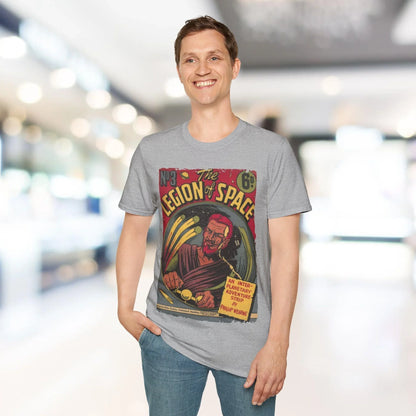 Close-up of the unisex softstyle T-shirt’s smooth, relaxed fit fabric in navy blue, highlighting the fine cotton-poly blend