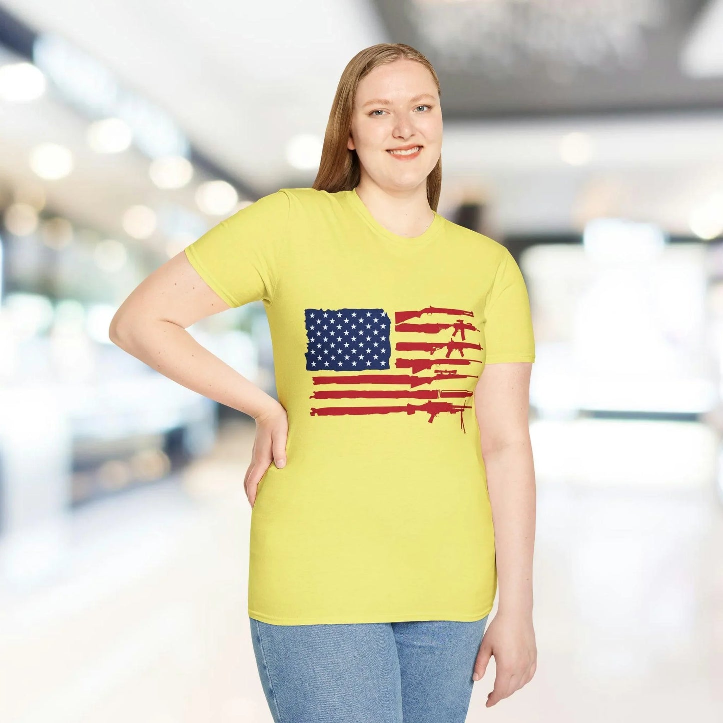 Front view showcasing vibrant American flag tattoo-inspired graphic on relaxed fit, forest green cotton T-shirt with crew