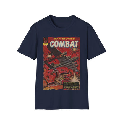 Close-up of the Combat Dec 1962 unisex T-shirt's neckline and stitching detail in olive green fabric, showcasing fabric