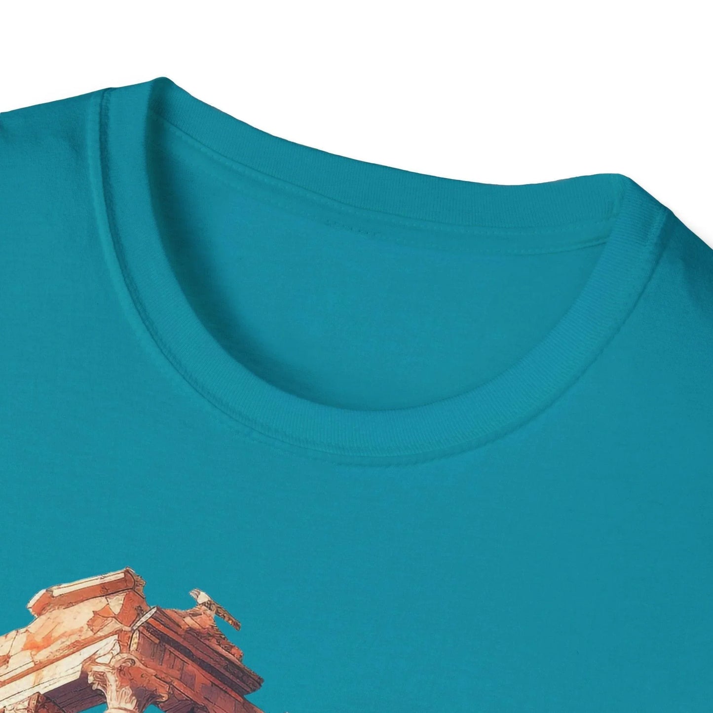 Close-up of the unisex softstyle T-shirt’s neckline and shoulder seam highlighting smooth fabric and clean stitching details.