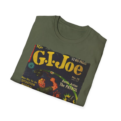 Close-up of the G.I. Joe No.12 softstyle T-shirt's navy fabric displaying subtle ribbed texture and stitched neckline detail.
