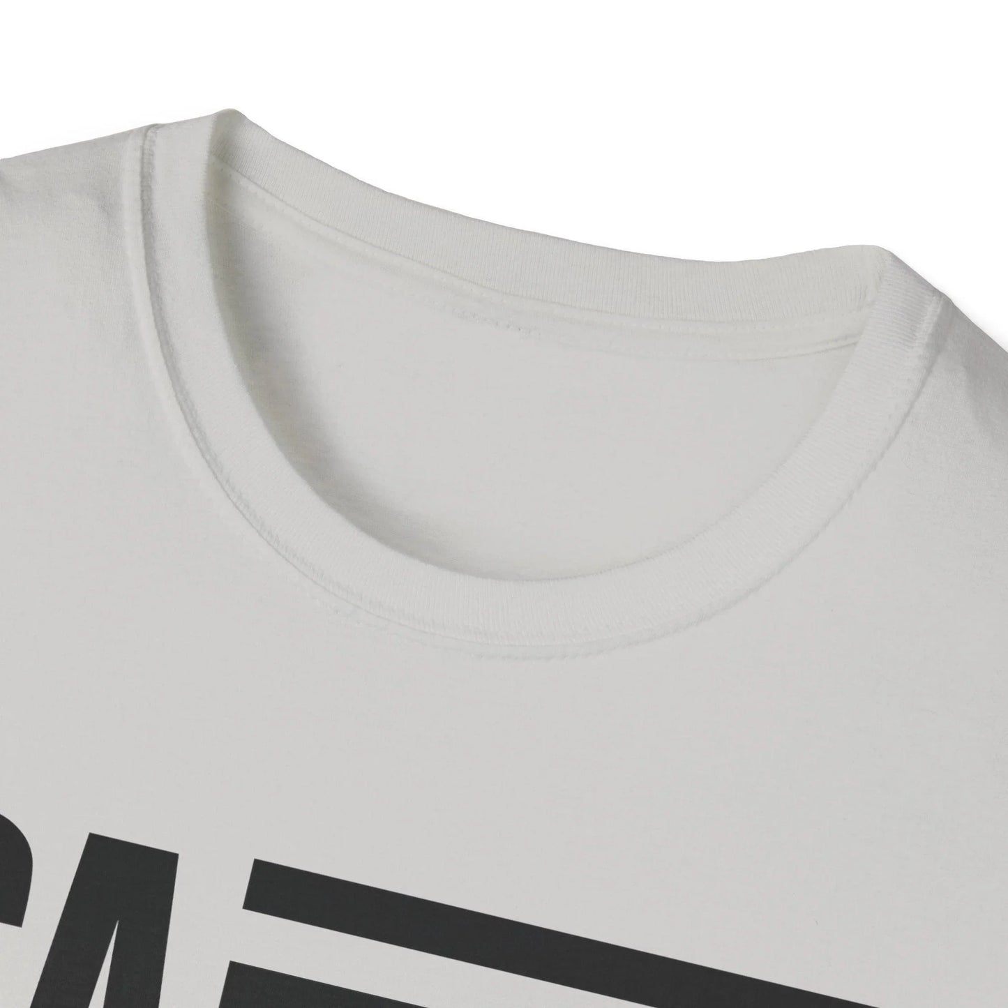 Close-up of the American Flag USA B&W T-shirt's front neckline and chest detail, showcasing soft cotton fabric and subtle