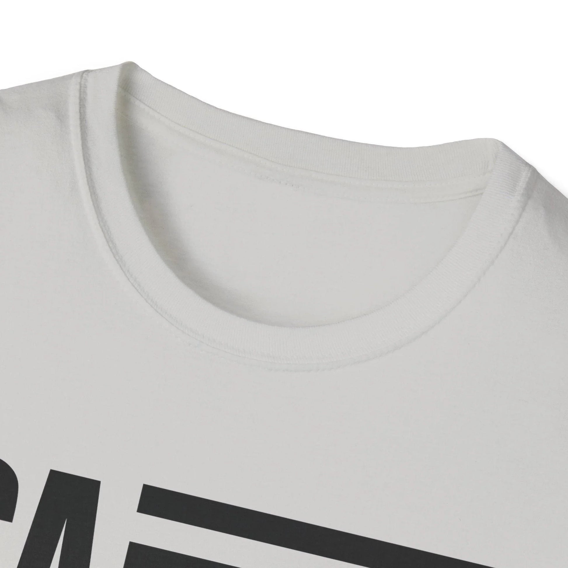 Close-up of the American Flag USA B&W T-shirt's front neckline and chest detail, showcasing soft cotton fabric and subtle