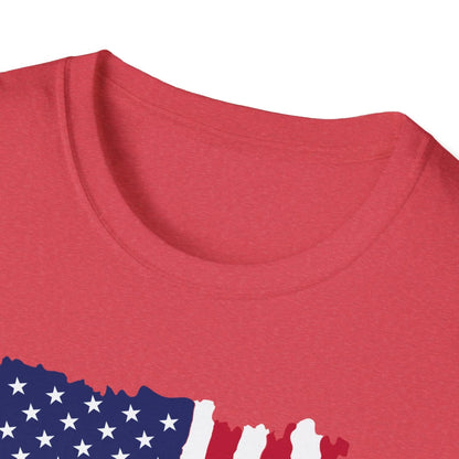 Close-up of distressed vertical American flag design on soft cotton fabric, highlighting raw-edge detailing and distressed