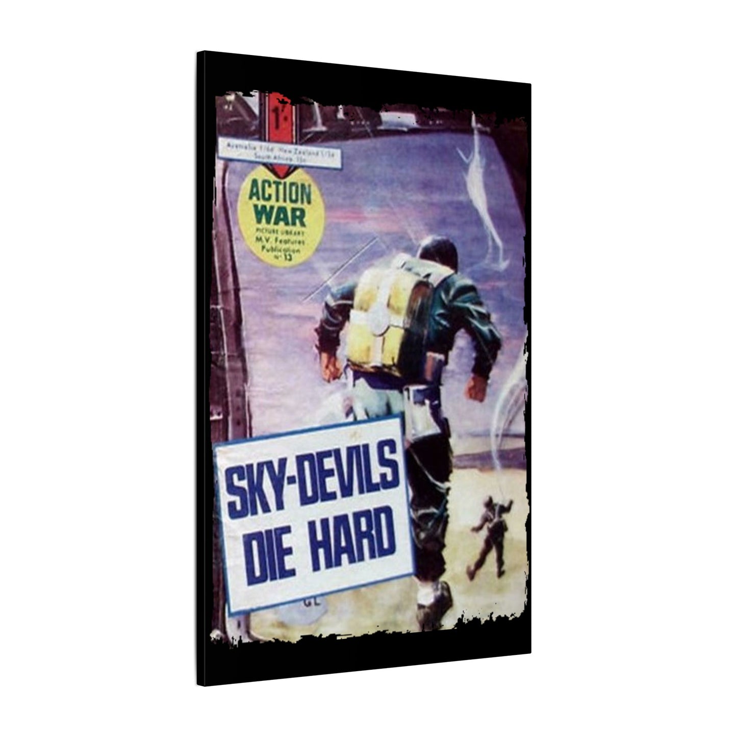 Close-up of the canvas surface highlighting textured brushstrokes and vibrant color details of Action War #13 comic book