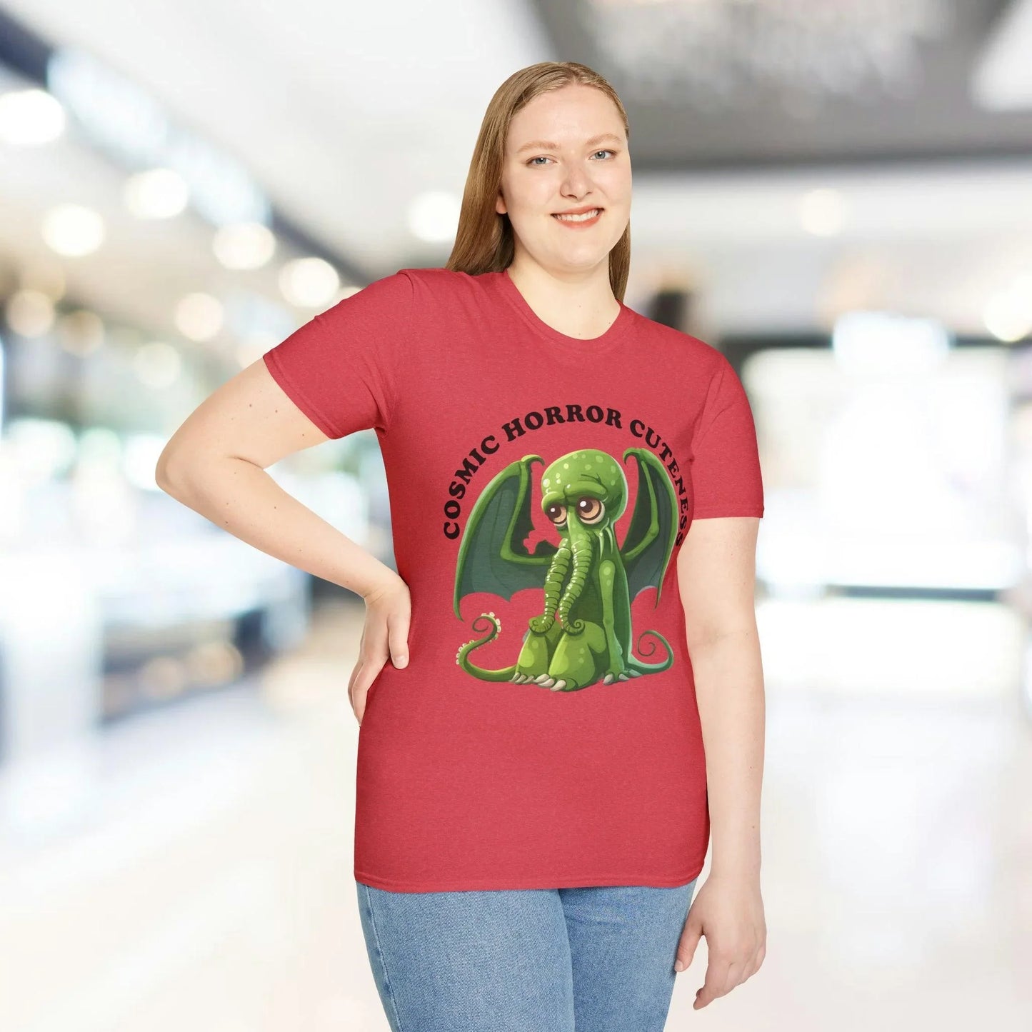 Close-up of the cosmic horror graphic on the chest, highlighting vibrant ink details and textured softstyle fabric in deep