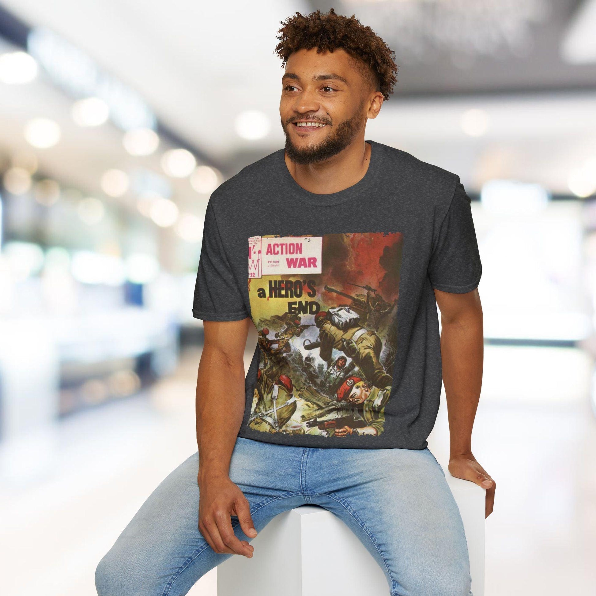 Close-up of the soft, heather gray fabric highlighting the subtle textured knit and relaxed fit neckline detail.