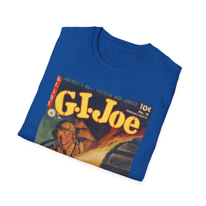 Close-up of the G.I. Joe No.19 softstyle T-shirt’s seam stitching and relaxed fit label at the bottom hem in olive green