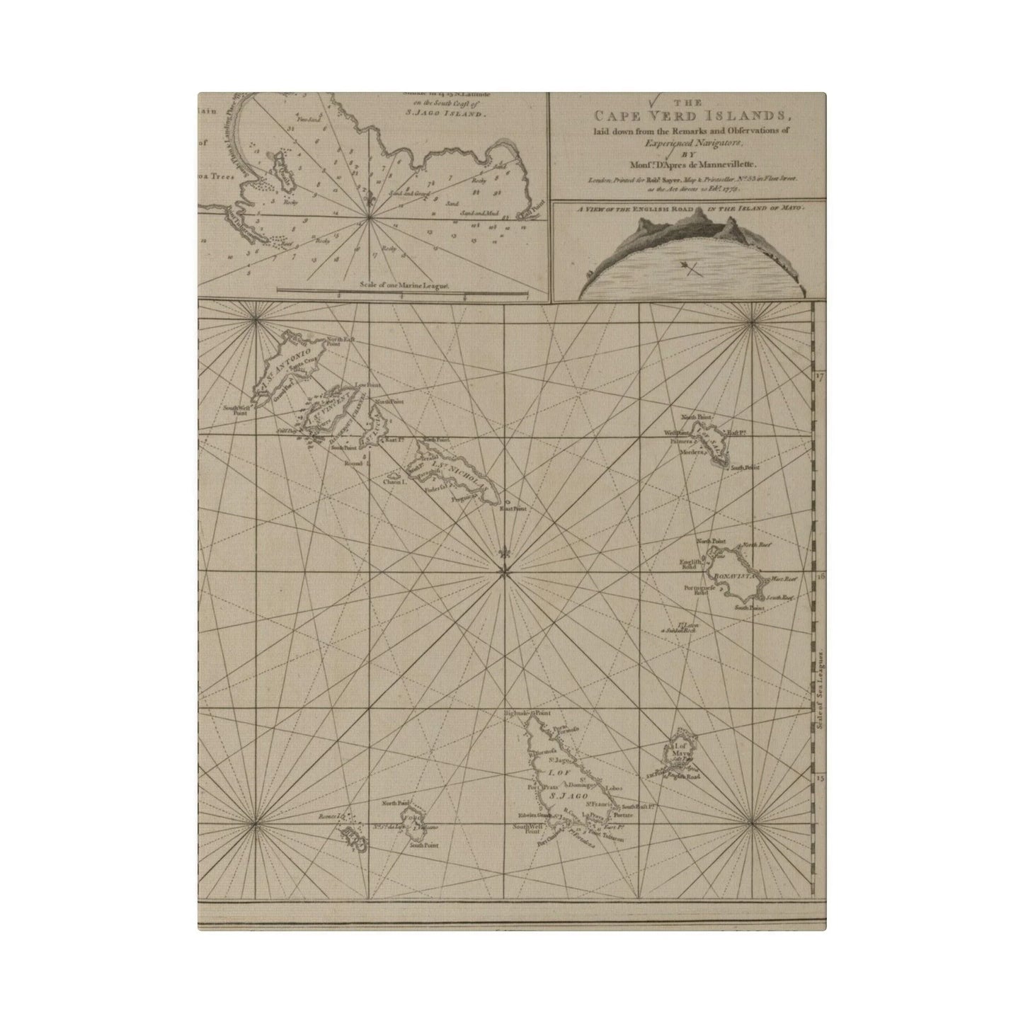 Close-up of vibrant nautical map detailing the textured canvas surface and intricate linework for Cape Verde Islands artwork.