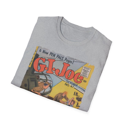 Close-up of the G.I. Joe No.47 unisex softstyle T-shirt's fabric weave and reinforced neck stitching detail from a front
