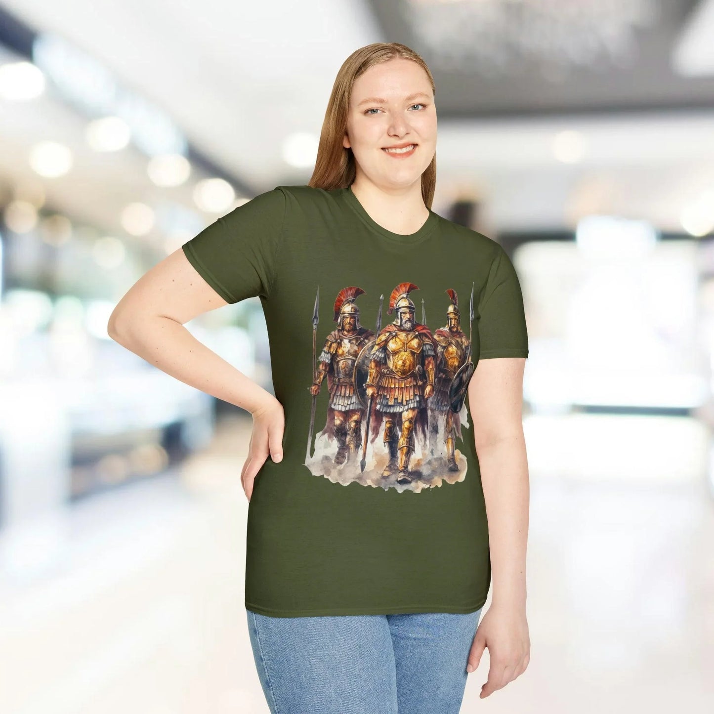 Close-up of the unisex softstyle fabric with visible black stitching and a glimpse of the relaxed fit neckline from an