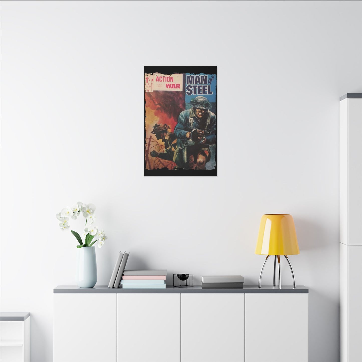 Close-up of the canvas texture and subtle brushstroke details highlighting the vintage comic style and vibrant color palette.