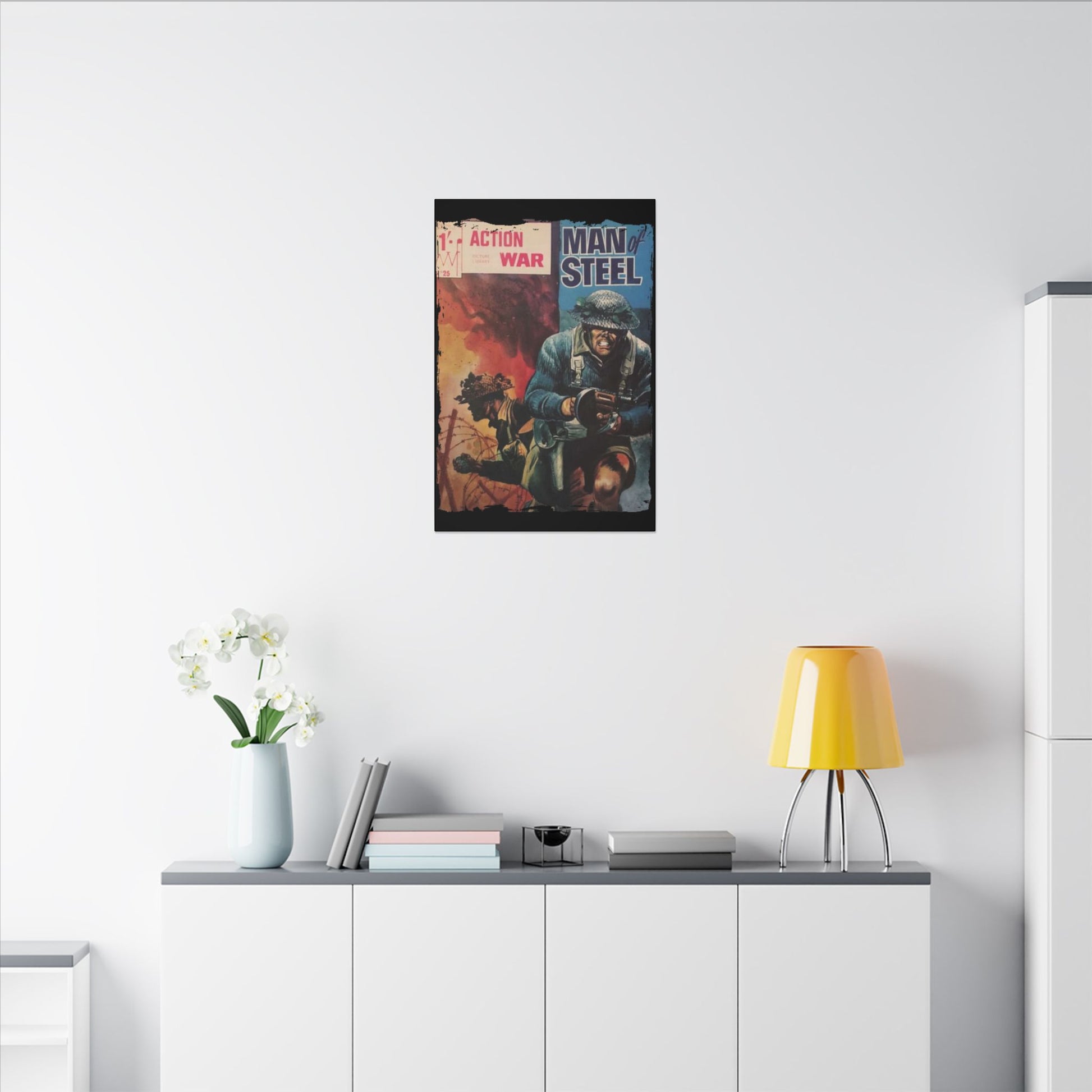 Close-up of the canvas texture and subtle brushstroke details highlighting the vintage comic style and vibrant color palette.