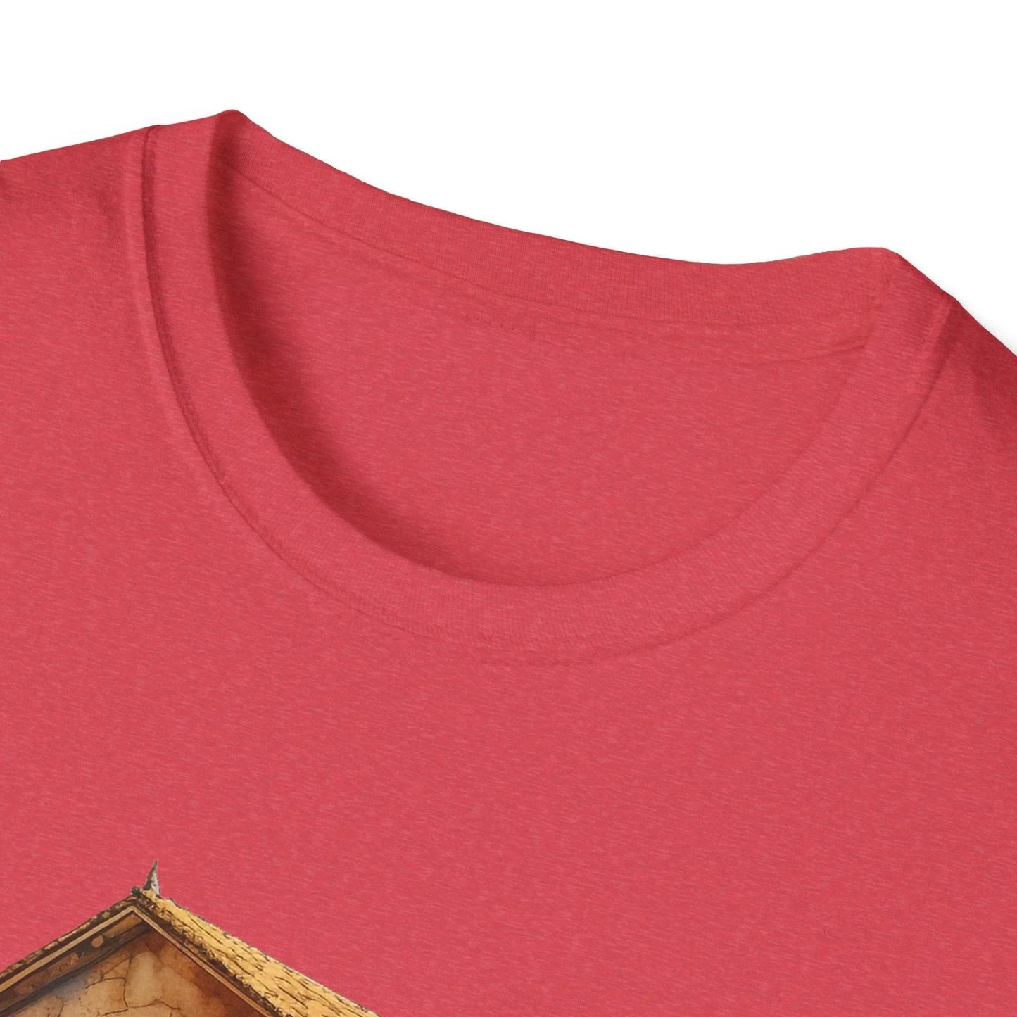 Close-up of the unisex softstyle fabric showing subtle heather texture and relaxed fit neckline from a front diagonal angle.