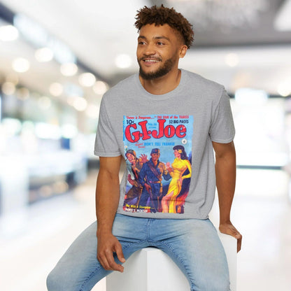 Close-up of the G.I. Joe No.16 soft-style T-shirt’s smooth, slim-fit fabric in navy with visible stitching along the crew