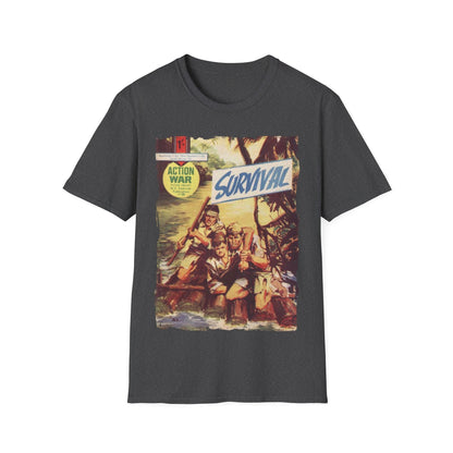 Close-up of the unisex softstyle T-shirt's navy color and relaxed fit, highlighting smooth cotton fabric and subtle