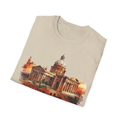 Close-up of the unisex softstyle T-shirt’s relaxed fit collar and subtle fabric texture in charcoal gray from a slight