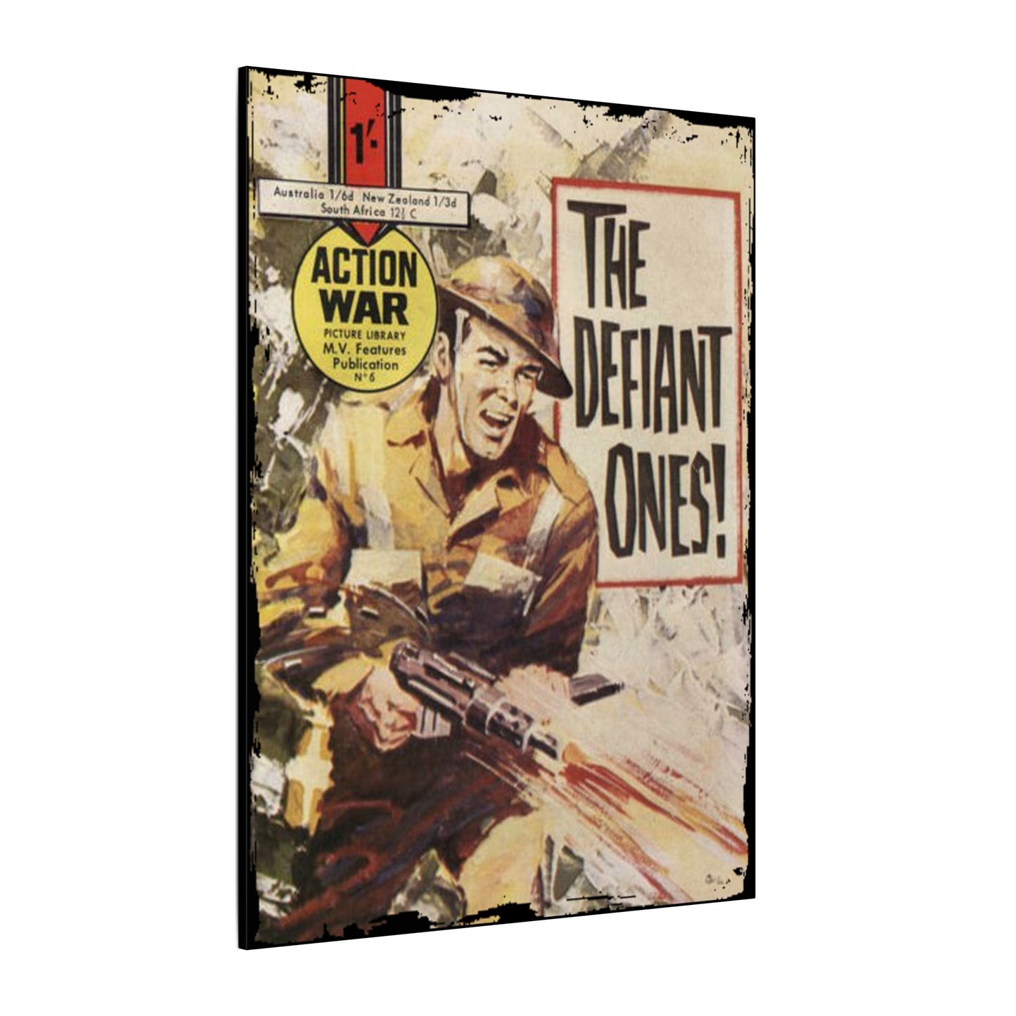 Close-up of the textured canvas material highlighting the detailed weave and vibrant color tones of Action War #6 artwork.