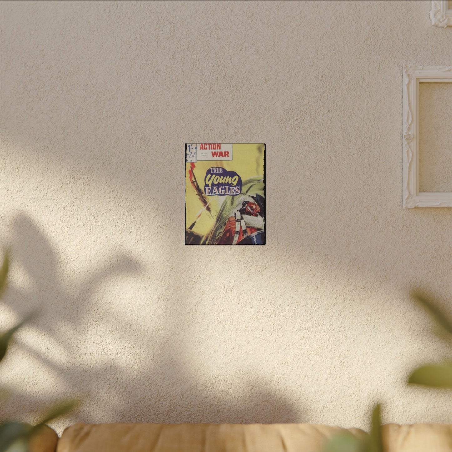 Close-up of the Action War #15 canvas edge showing vibrant color detail and textured fabric weave from a corner angle