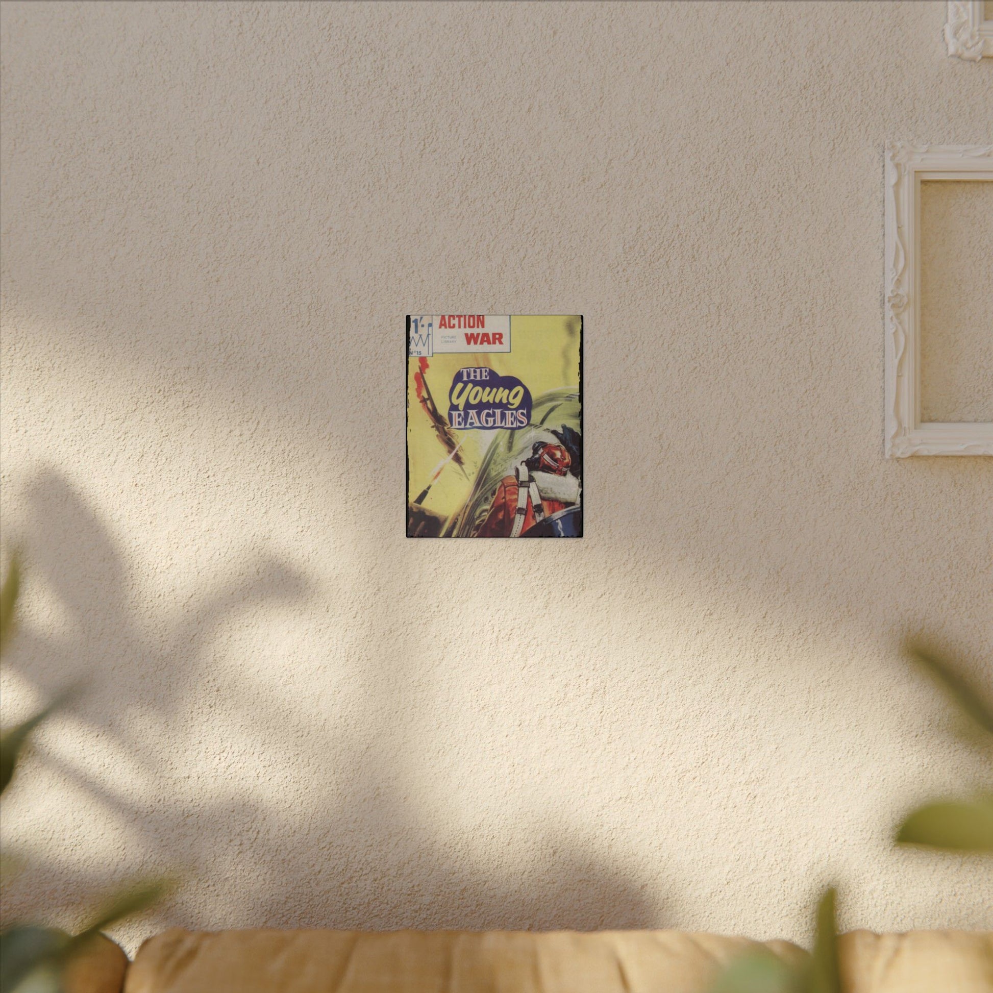 Close-up of the Action War #15 canvas edge showing vibrant color detail and textured fabric weave from a corner angle